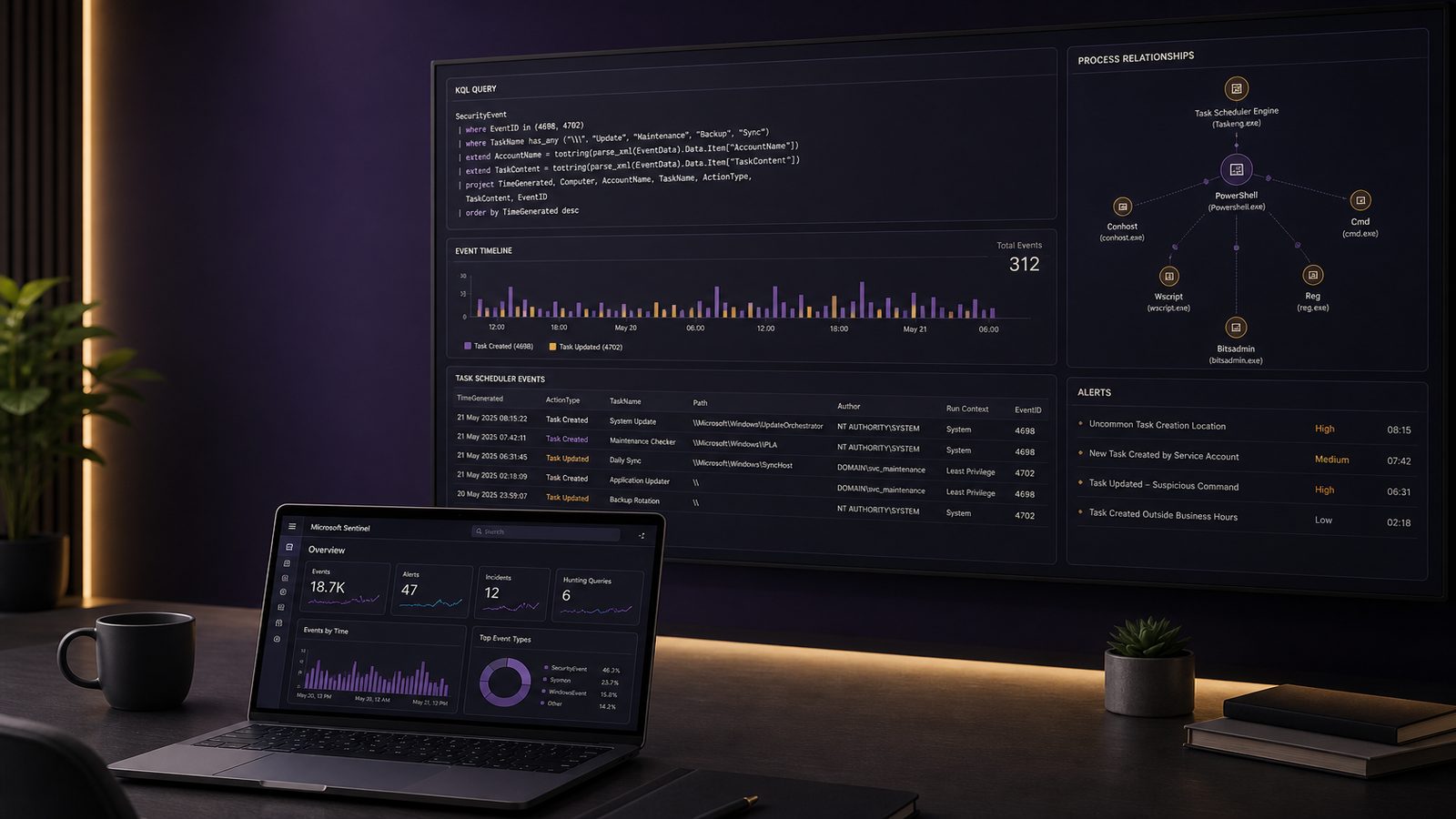 Modern security analyst dashboard with KQL query visuals and scheduled task telemetry in a calm, professional workspace