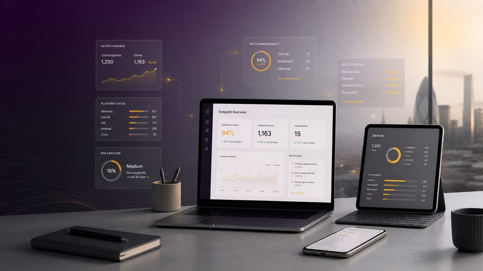 Modern business devices with subtle security monitoring overlays representing endpoint protection and device management