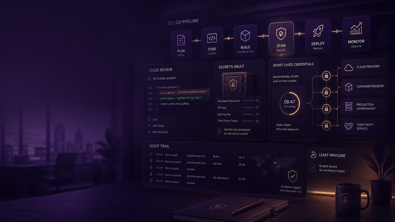 Abstract CI/CD pipeline with secure secret management, audit-style interface panels, and subtle gold and purple accents