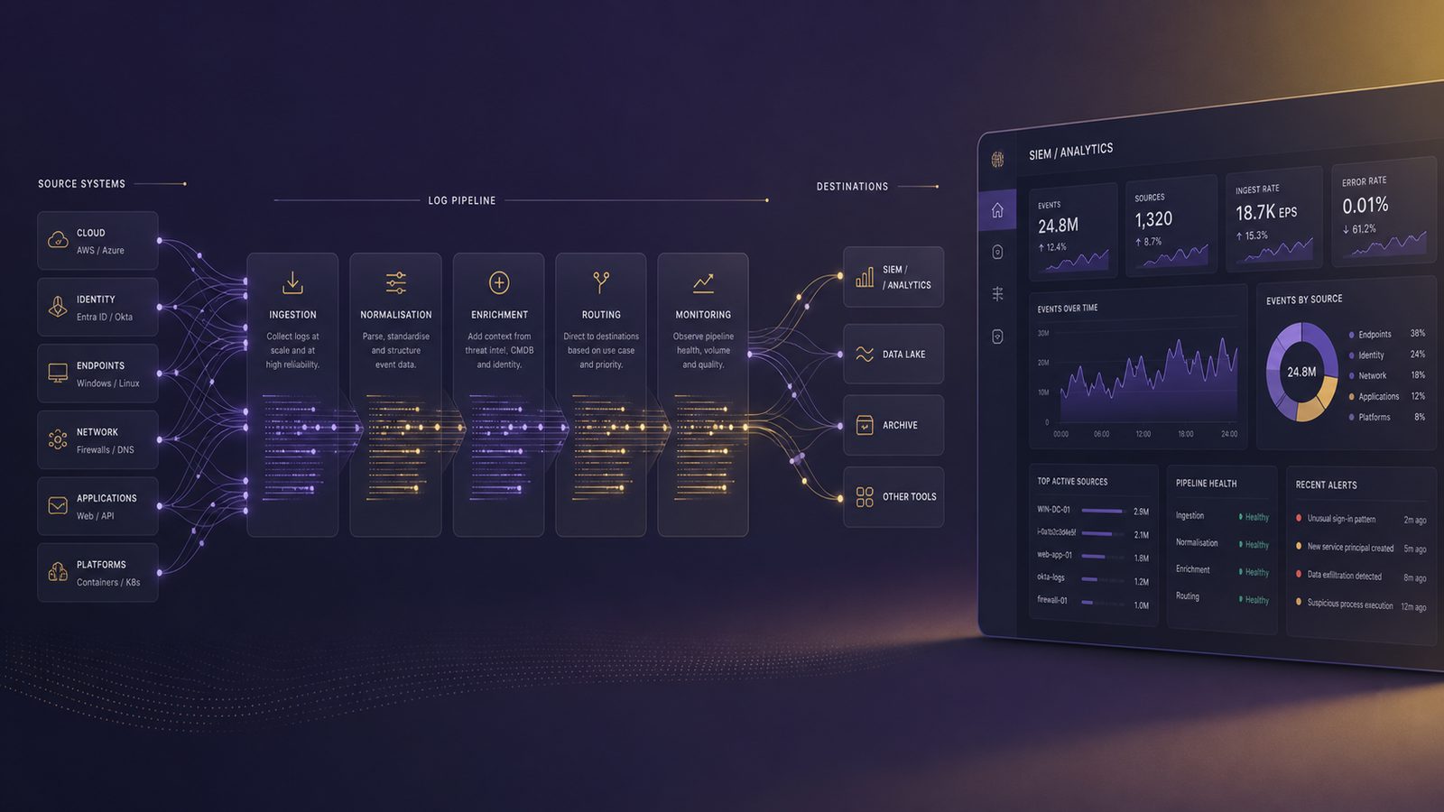 Abstract security operations illustration showing structured log data flowing through a pipeline into a detection dashboard, with subtle gold and purple accents.