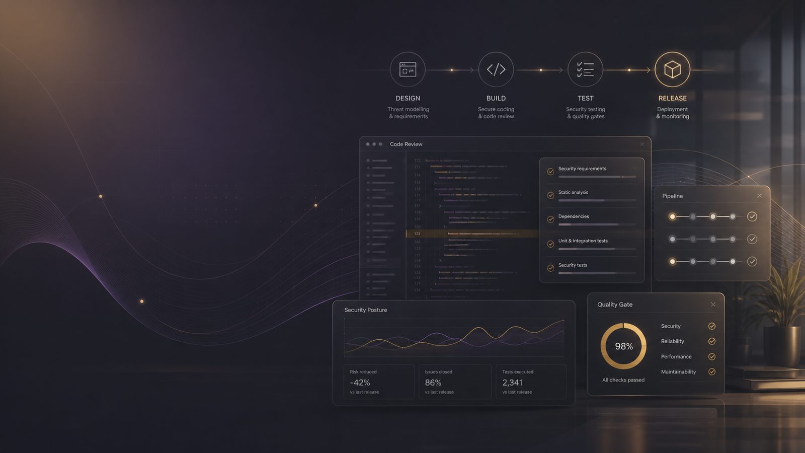 Abstract software development workflow with secure review checkpoints and subtle gold and purple accents