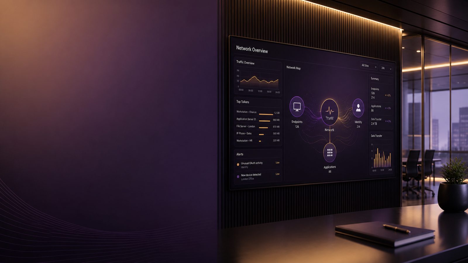 Abstract security monitoring dashboard with connected network nodes in a calm business setting
