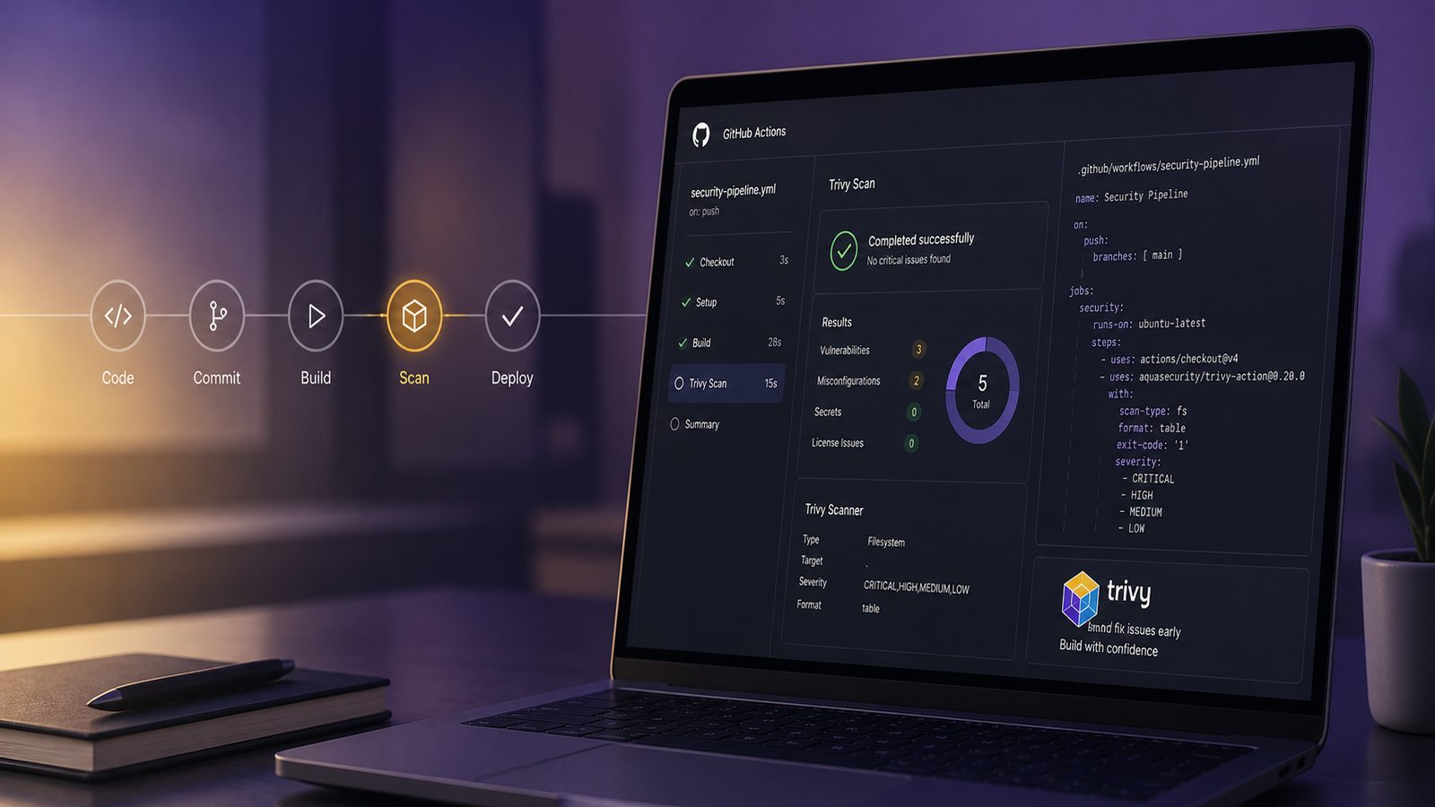 Modern software delivery pipeline with Trivy-style security scanning in GitHub Actions, shown as a clean technical dashboard with subtle purple and gold accents