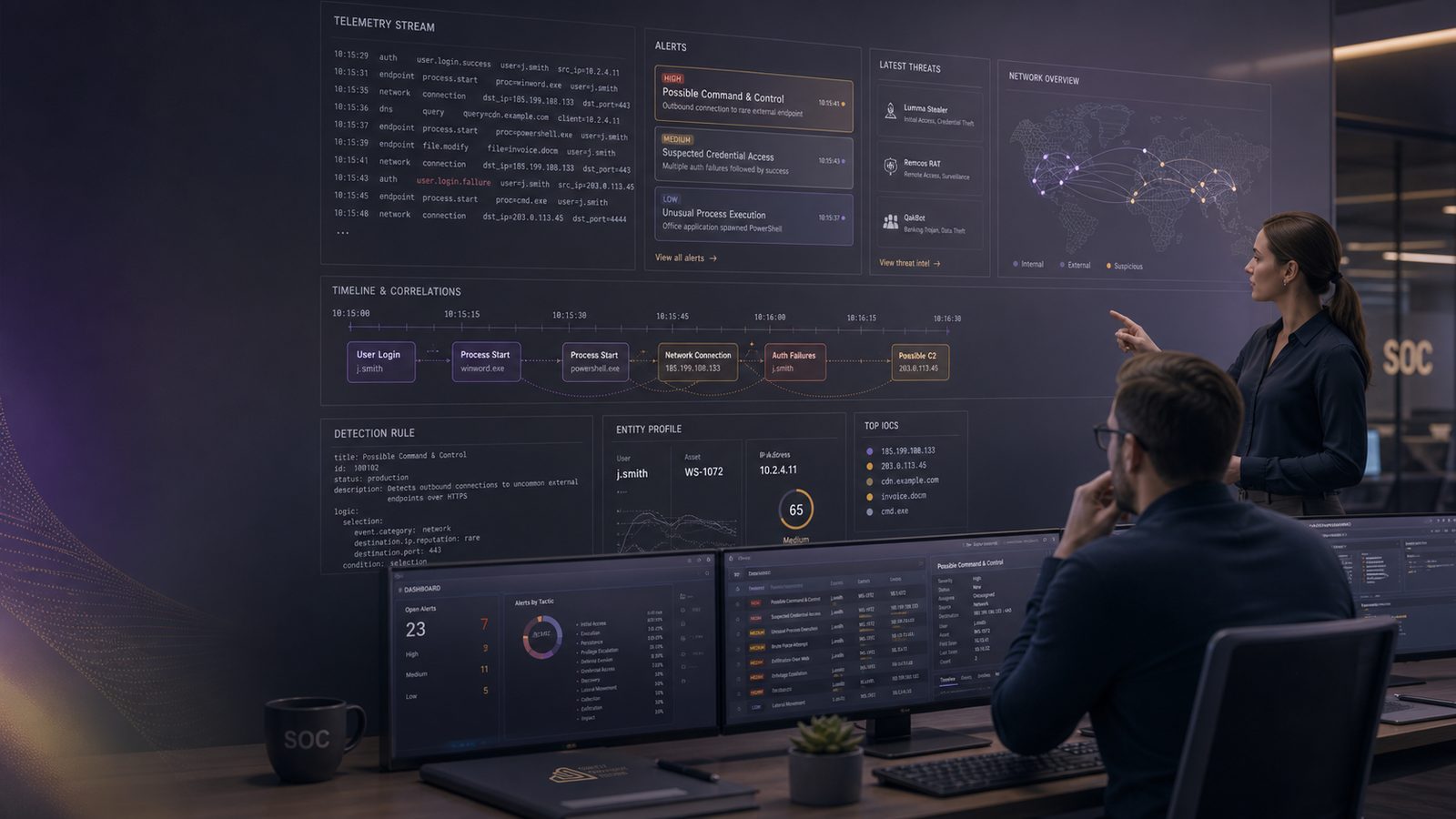 Security operations analysts reviewing detection engineering dashboards with correlated telemetry and alert timelines in a modern SOC workspace