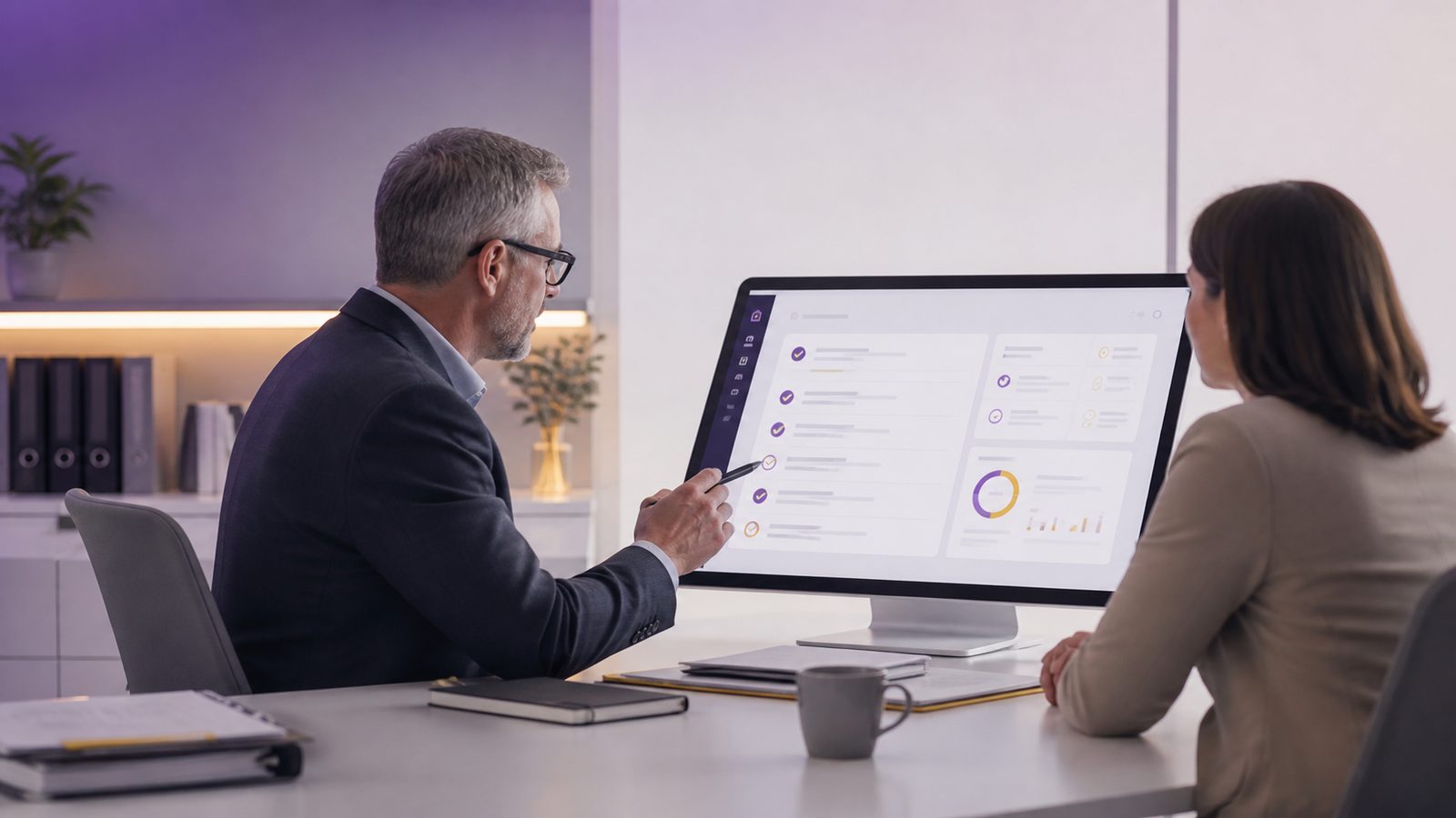 Two professionals reviewing a digital supplier assurance checklist in a calm modern office setting, with subtle interface elements suggesting NHS DSPT preparation.