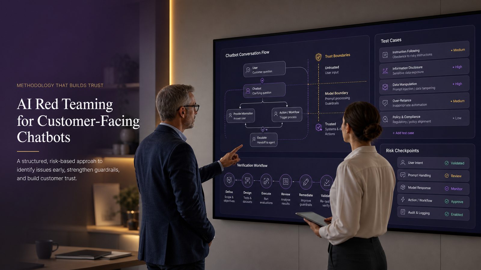 Consultant and engineer reviewing AI chatbot red teaming test cases on a large screen in a modern office