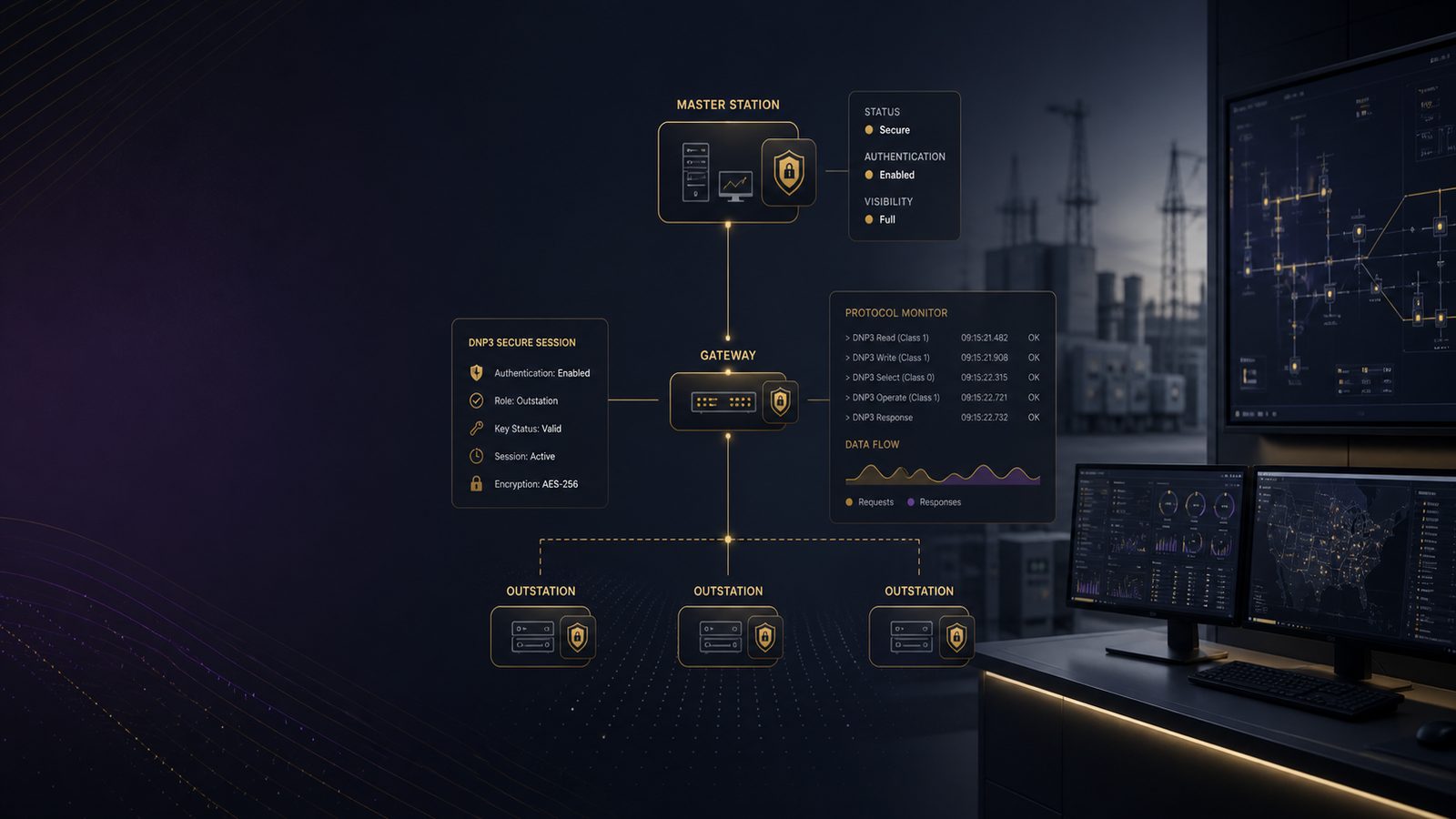 Utility control-room style network graphic showing DNP3 master, gateway, and outstation connections with subtle monitoring and authentication cues