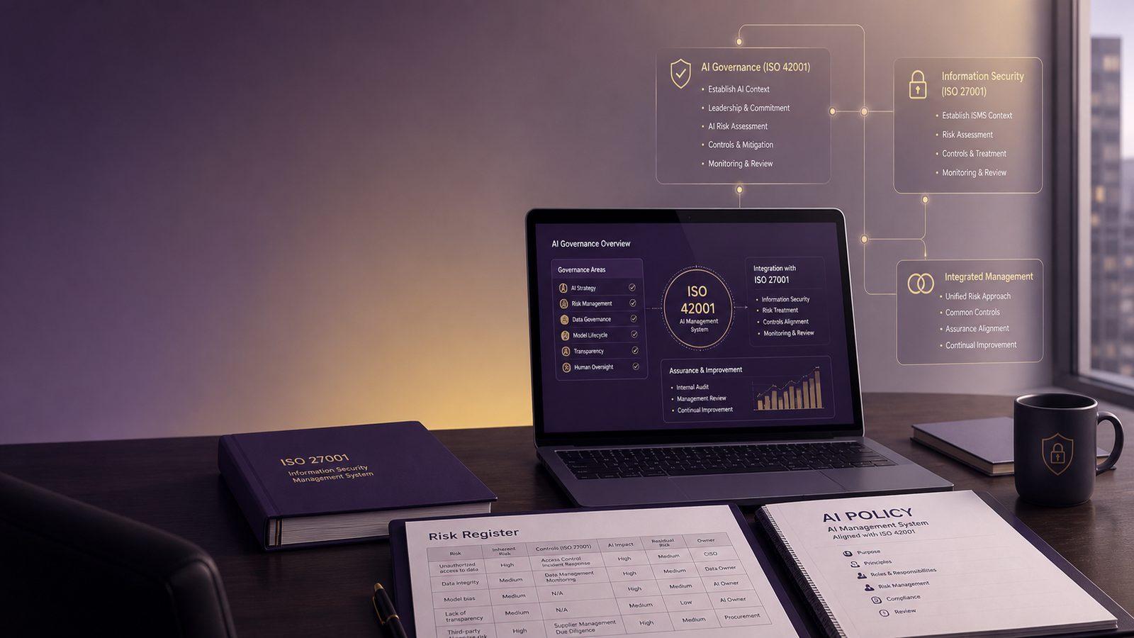A professional workspace showing AI governance documents, a laptop dashboard, and subtle interface elements representing ISO 42001 and ISO 27001 oversight.