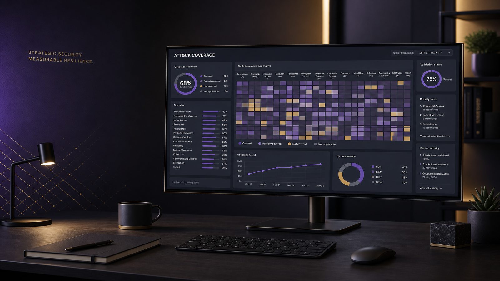 A widescreen cybersecurity dashboard showing a MITRE ATT&CK-style coverage heatmap with subtle gold and purple accents in a clean analyst workspace.