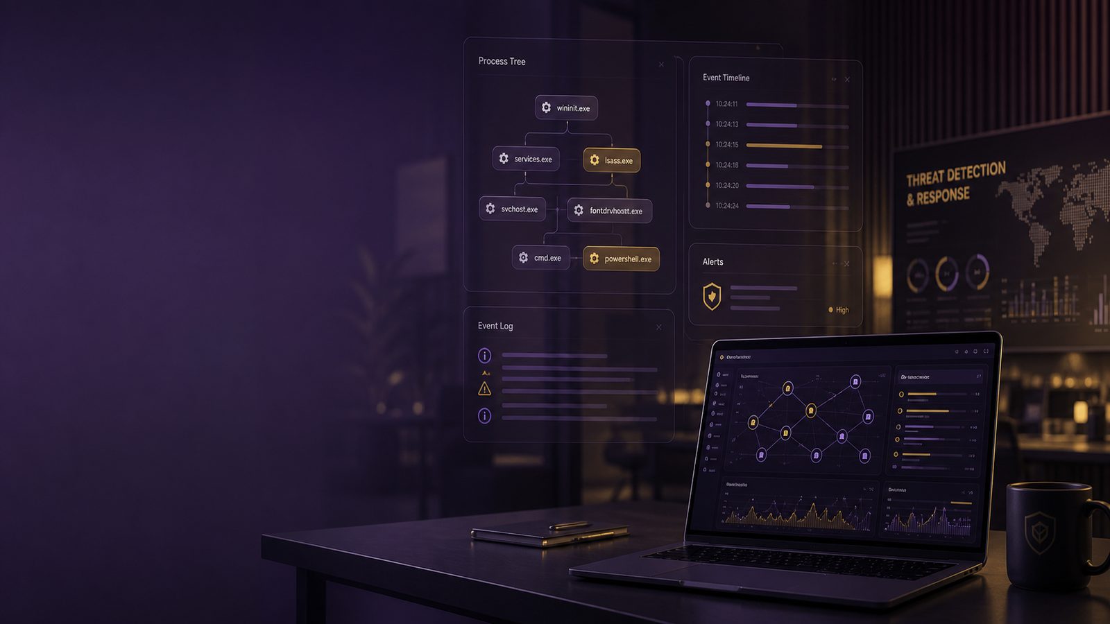 Modern security operations dashboard showing Windows telemetry, process chains, and log correlation in a calm corporate workspace