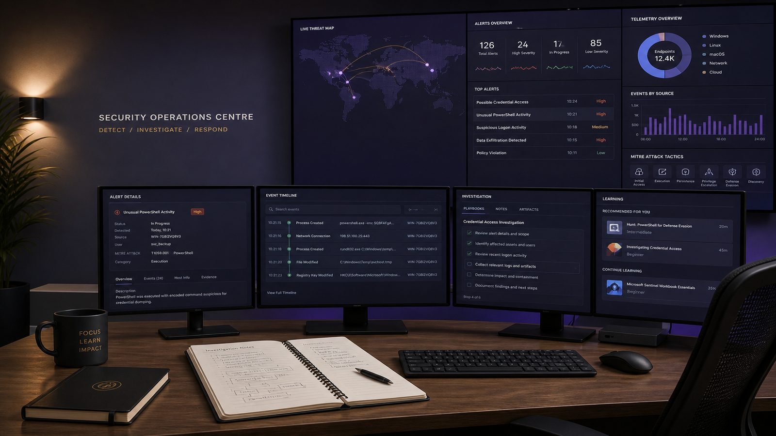 A calm security operations workspace with abstract monitoring dashboards and log analysis visuals, representing a SOC analyst career guide.