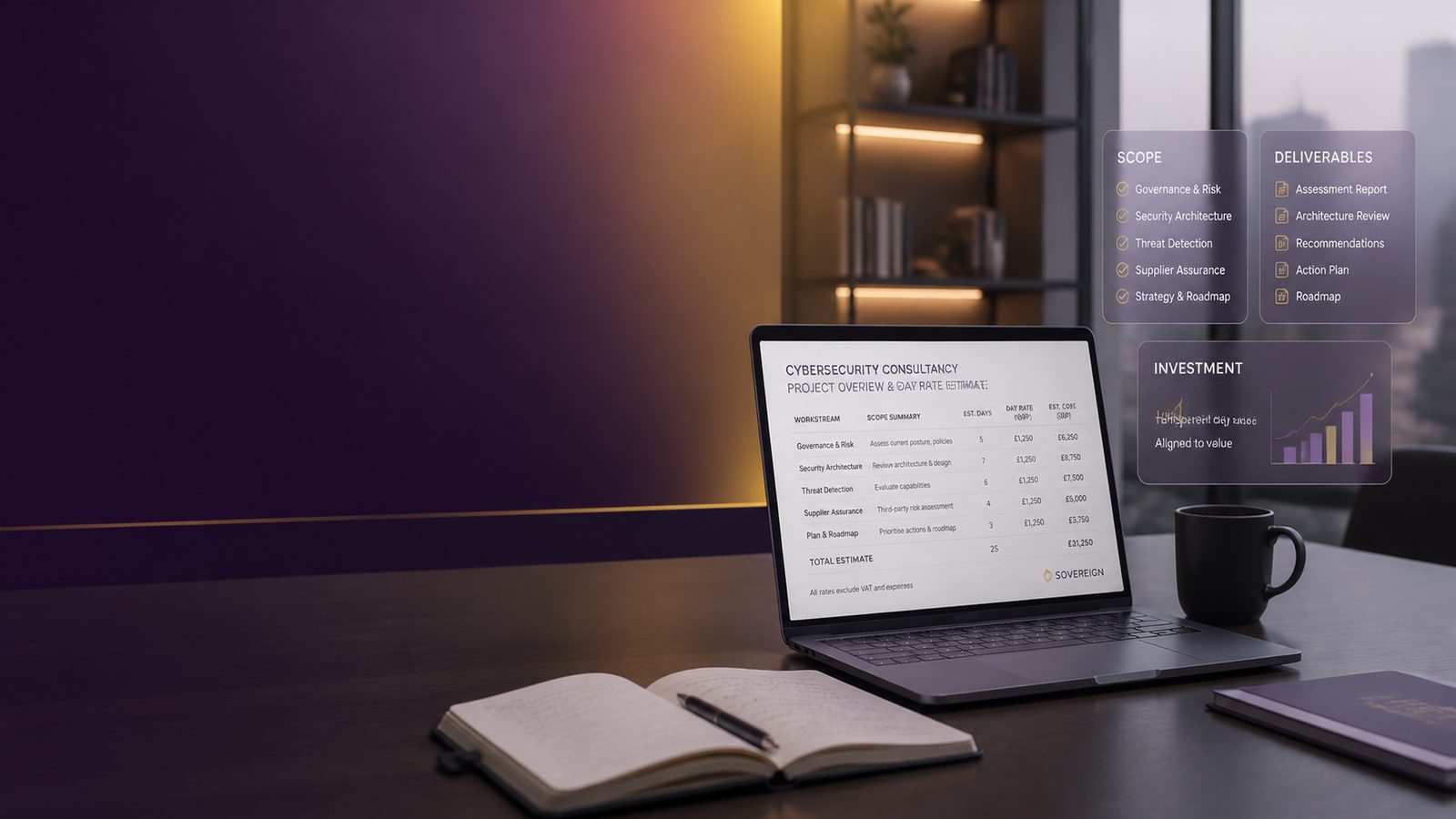 A professional meeting scene with a laptop, notebook, and subtle digital planning visuals in a calm office setting, representing cyber security consultancy pricing and value.