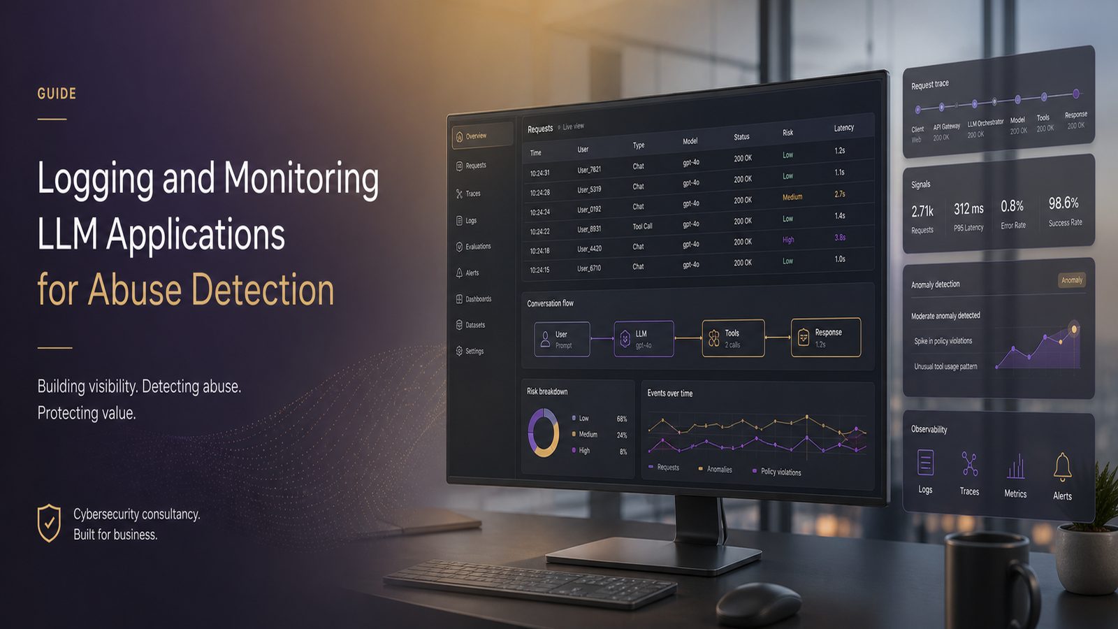 Abstract security monitoring dashboard showing LLM logs, traces, and anomaly detection indicators in a clean wide layout
