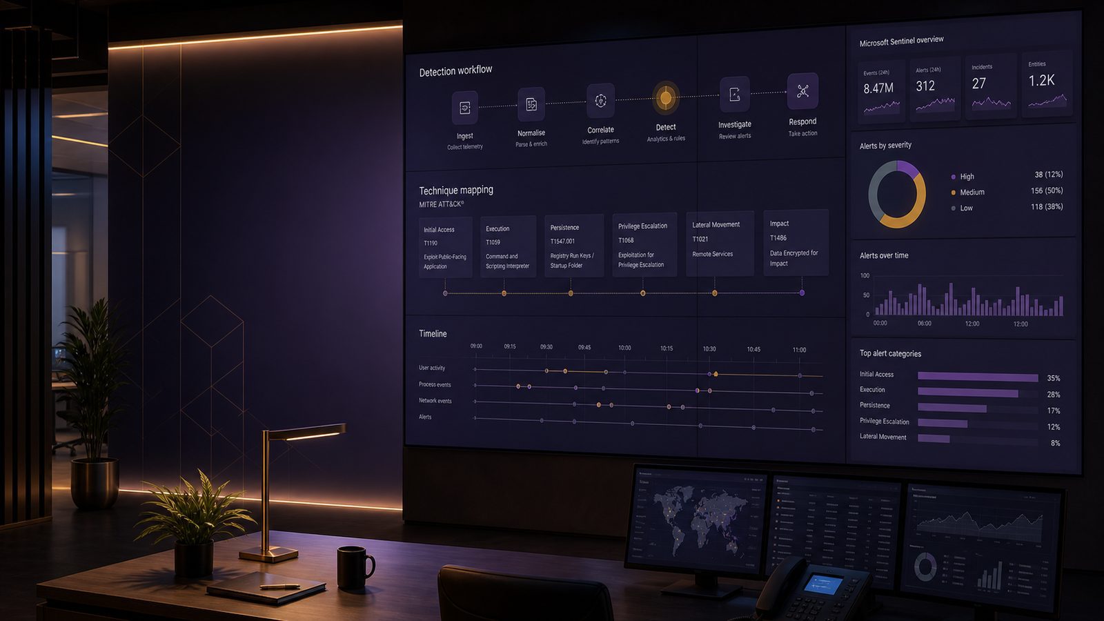 Security operations dashboard showing Microsoft Sentinel analytics rules mapped to MITRE ATT&CK techniques