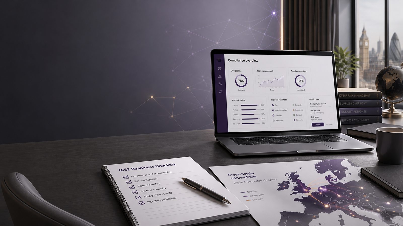 Modern business workspace with a laptop, checklist, and network diagram representing NIS2 obligations and cyber governance for UK organisations.