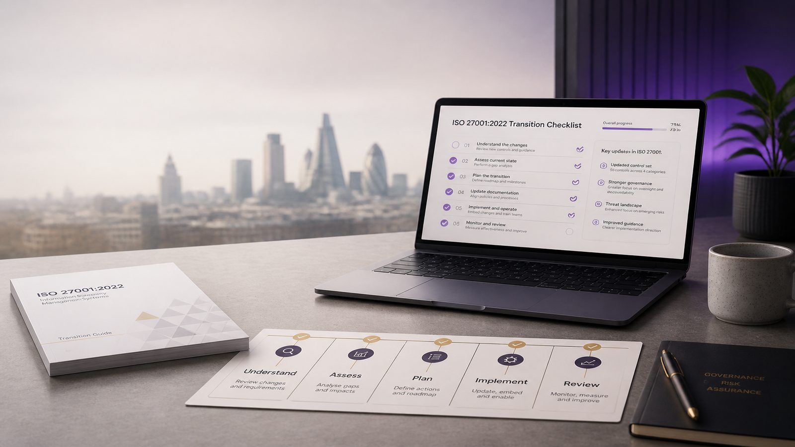 A clean business workspace with a laptop, checklist documents, and subtle workflow visuals representing an ISO 27001:2022 transition process.