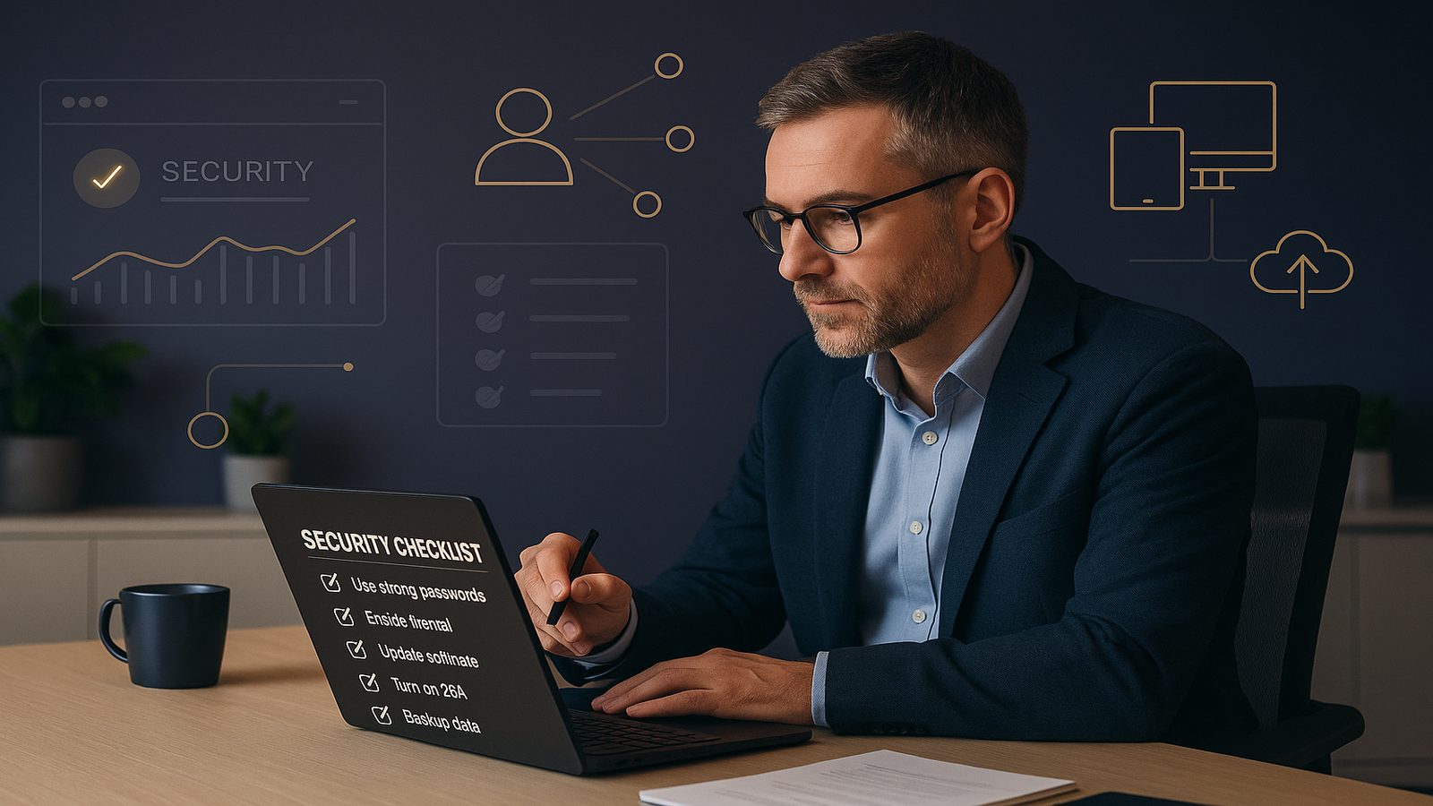 A small business owner reviewing a practical cyber security checklist on a laptop in a modern office, with subtle dashboard-style security visuals in the background.