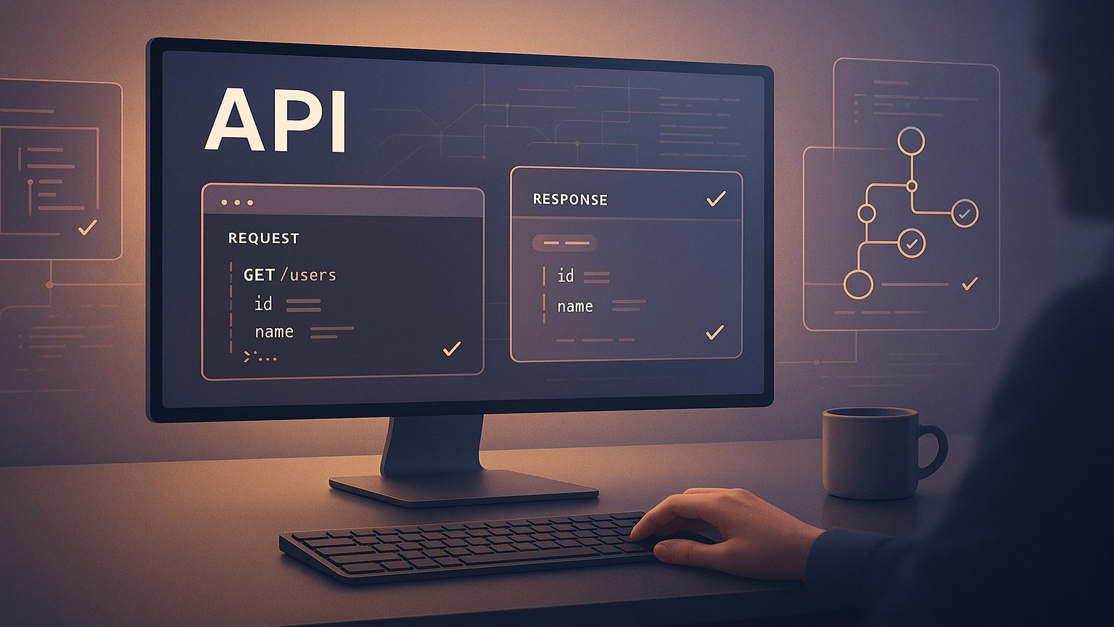 Abstract API security testing scene with interface panels, validation checks, and subtle gold and purple accents