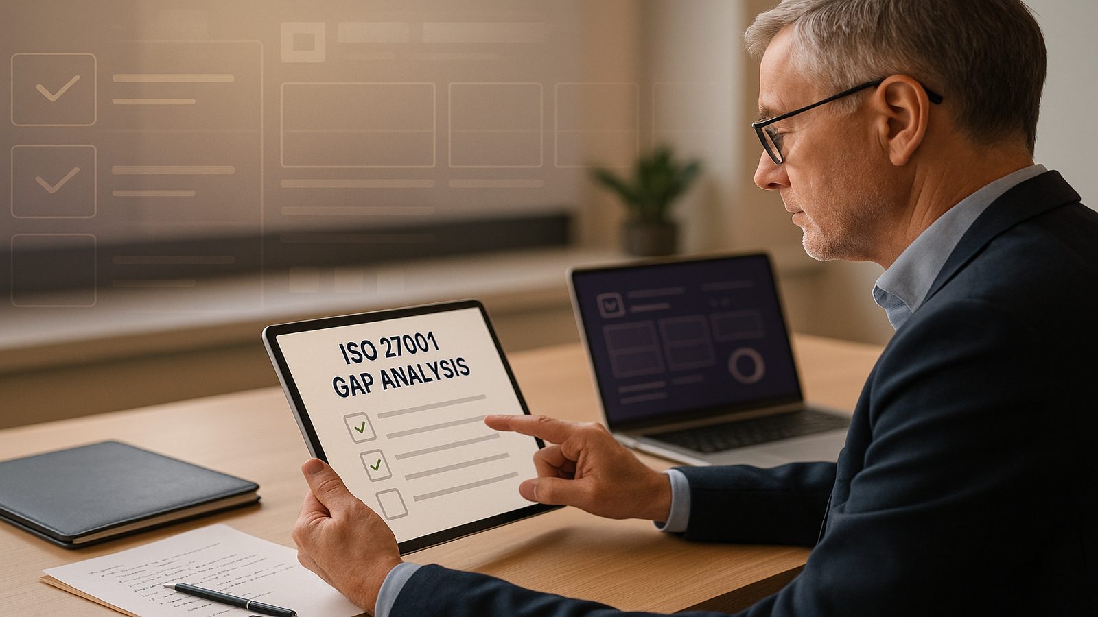Consultant reviewing an ISO 27001 gap analysis checklist in a modern office setting