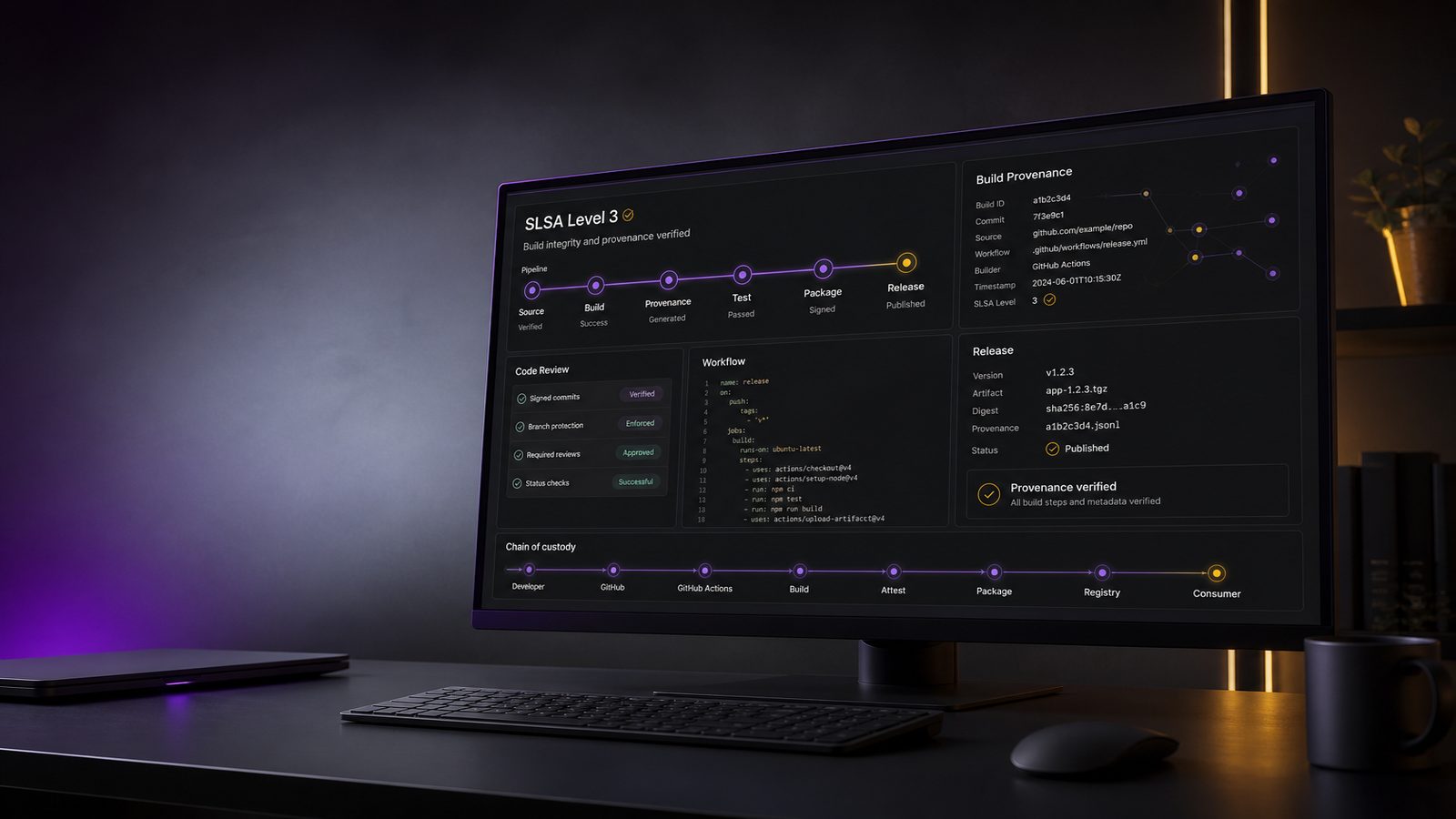 A clean software delivery dashboard showing a controlled CI/CD pipeline with provenance and verification cues, using subtle gold and purple accents.