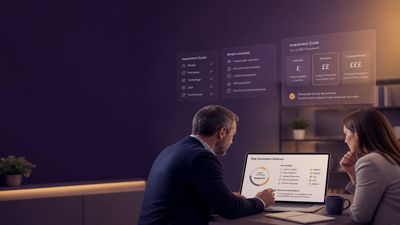 Two business professionals reviewing a cyber security assessment summary on a laptop in a modern office, with subtle dashboard-style visuals and restrained purple and gold accents.